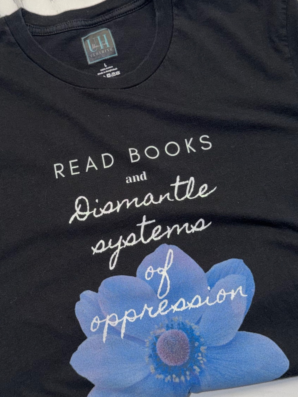 “Read Books” 📚 Black Graphic Tee with Blue Floral Print 🌼